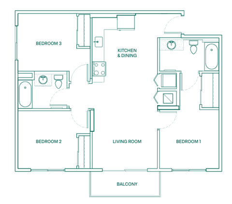 Floor plan for 3 beds, 2 baths, 1016 sqft